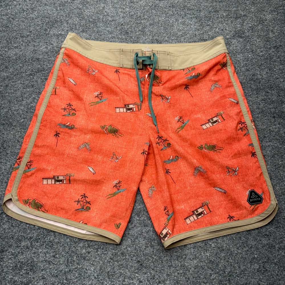 Prana Mens Burnt Orange Tiki Surf Print Board Shorts UPF 50+ Size 34 Retro Swim